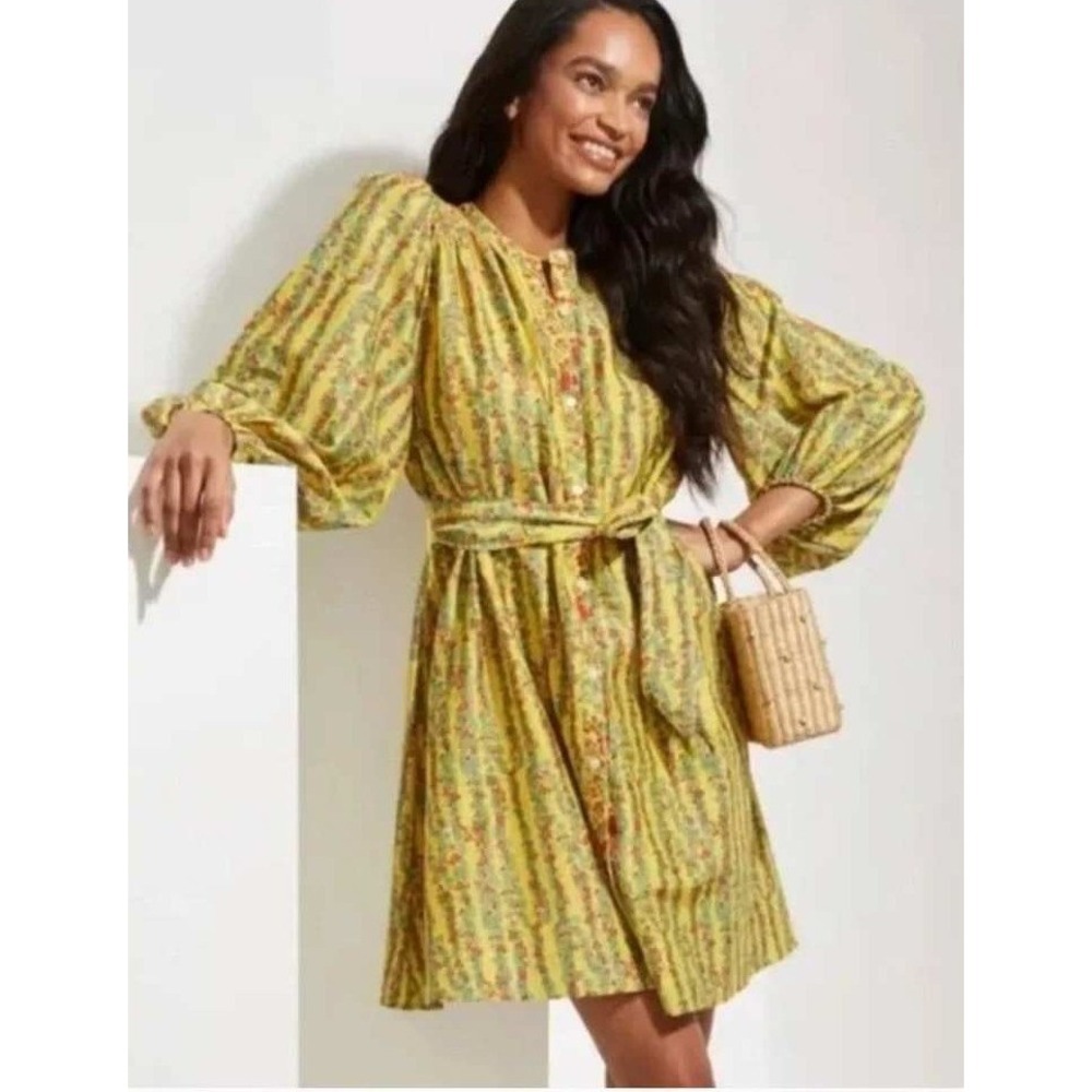 Roller Rabbit Rhody Stripe Evita Dress Cotton Silk Womens XL Yellow Red
